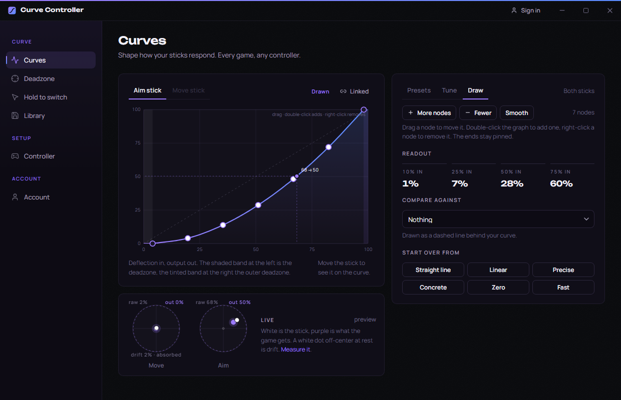 Curve Controller with a hand-drawn response curve on the Curves tab, nodes along the curve and a live view of both sticks